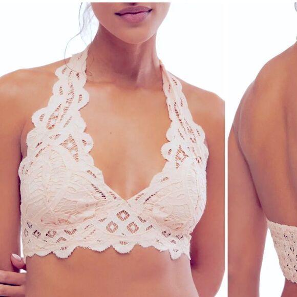 NWT Free People Adella Lace Halter Bralette Lace Scallop Pull- On Backless White - Picture 1 of 10